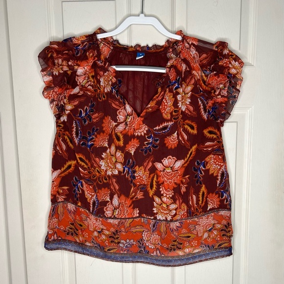 Old Navy Floral Ruffle Sleeve Top - Red and Orange - Picture 1 of 4